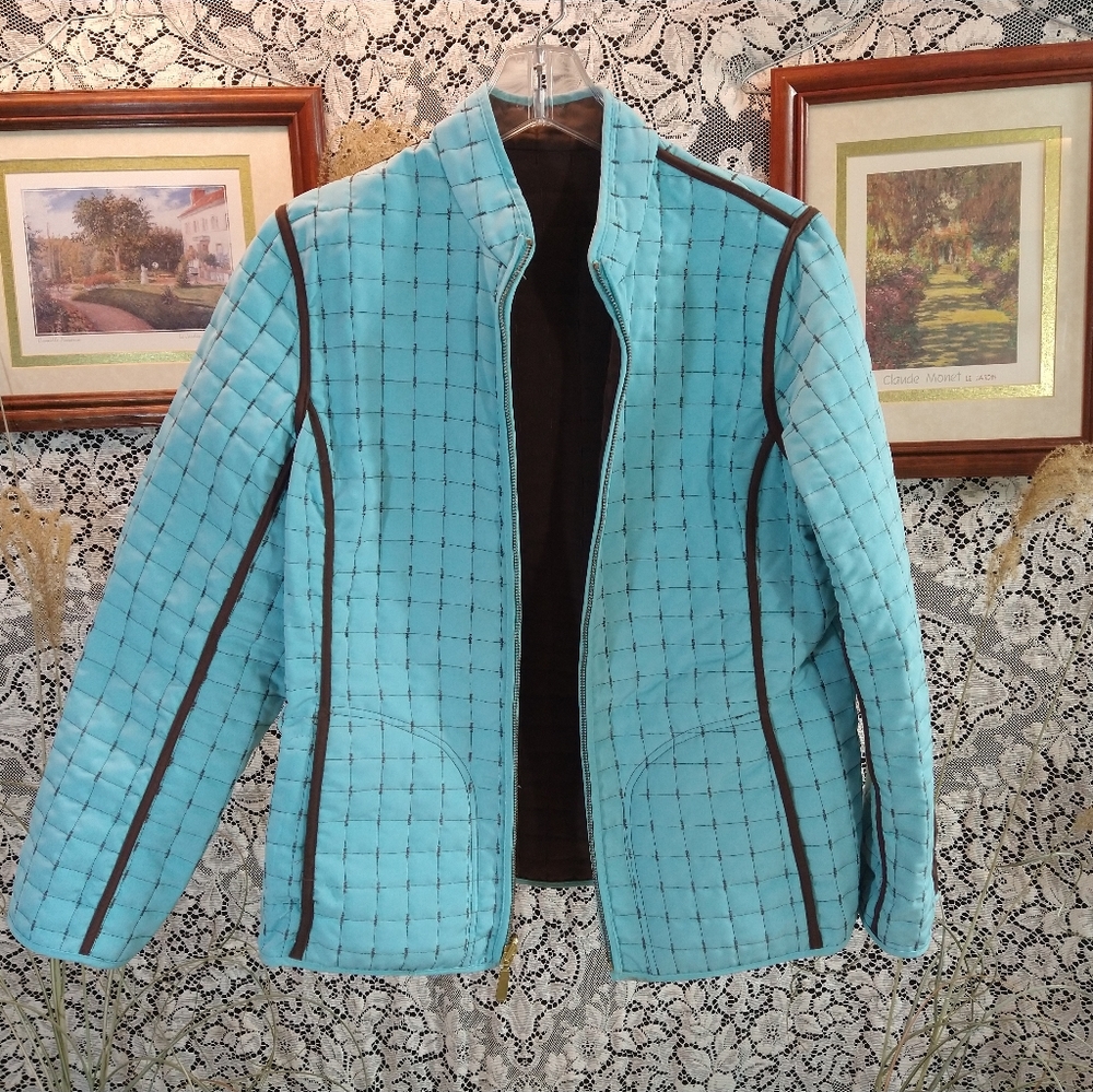 Susan Graver light blue and brown reversible quilted puffer utility jacket